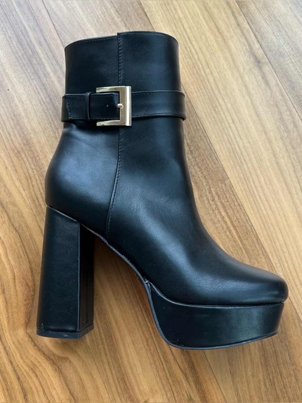 Vegan Leather Black Platform Ankle Boots with Gold Buckle